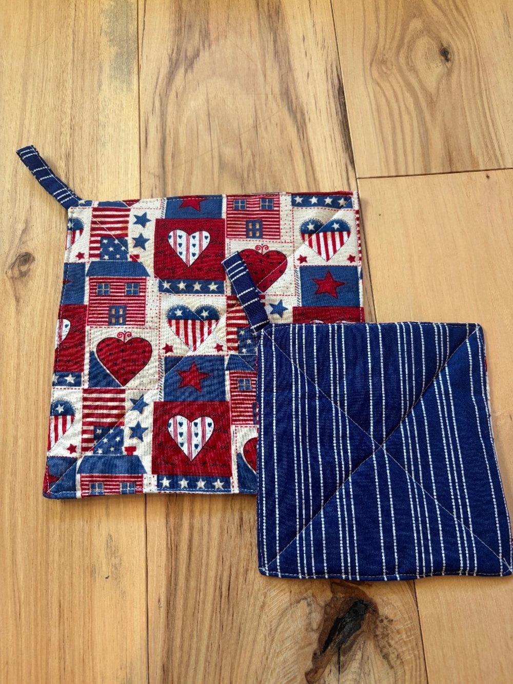 Handmade Reversible Potholders Patriotic Americana Country Folk Art Hot Pads 2pc